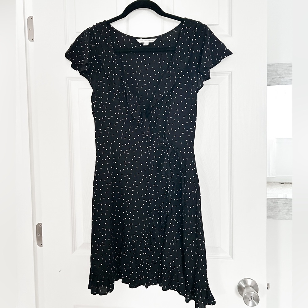 Black Flutter Detail Polka Dot Wrap Dress